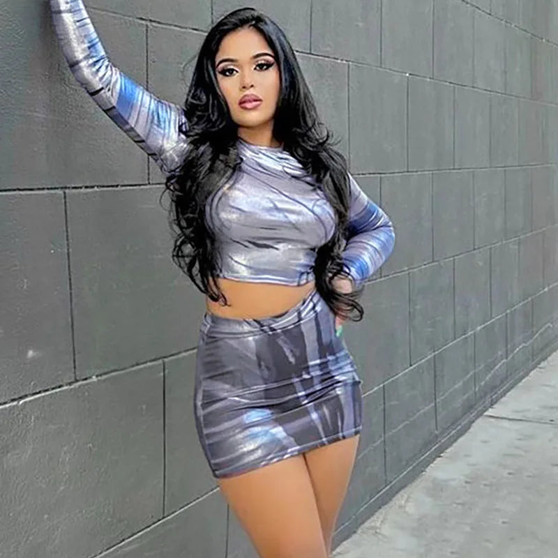 Abstract Print Metallic Bodycon Mini Dress Suits Long Sleeve 2 Piece Skirt Sets Sexy Club Outfit for Women