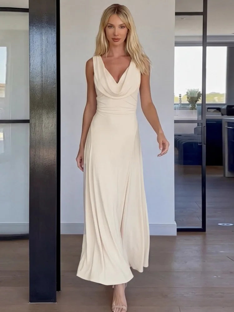 Cowl Neck Backless Sexy Midi Dress Women Elegant Ruched Waist Bodycon Long Evening Club Party Dress Female Gown