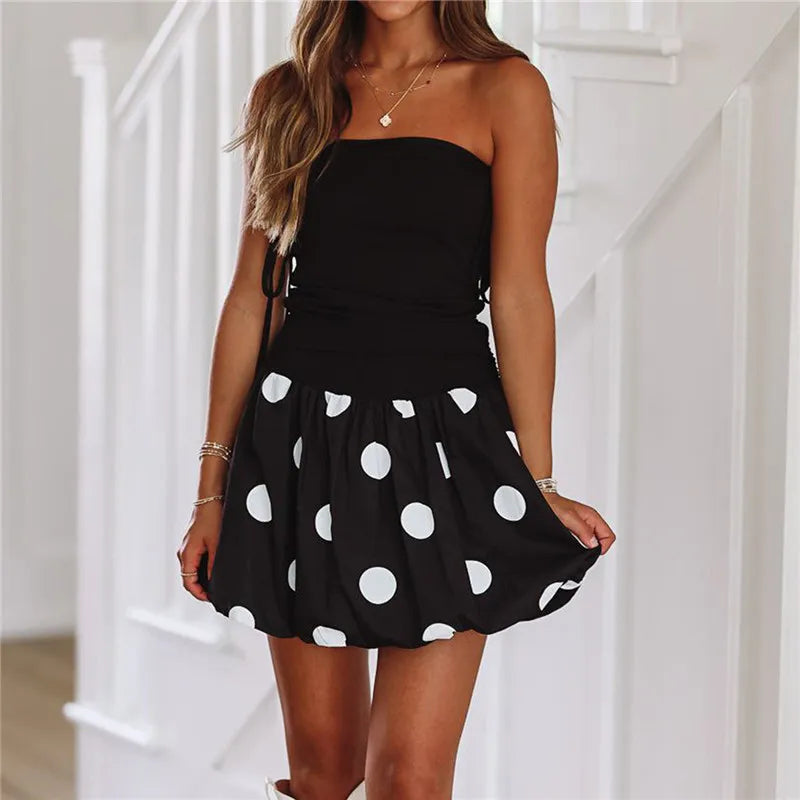 Women Mini Dress Dot Print Side Drawstring Tube Dress Summer Fashion Backless Casual Balloon Dress Strapless Dress