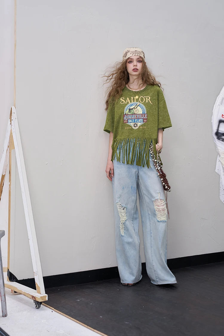 2025 Summer New Arrivals Women's Fringe Graphic Print T-Shirt Relaxed Fit Statement Tee