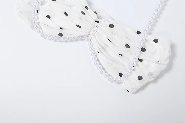 Polka Dot Print 2 Piece Set Woman Beads Decoration Halter Backless Tank Tops+Ruched Long Skirt Y2K Elegant Style Suit