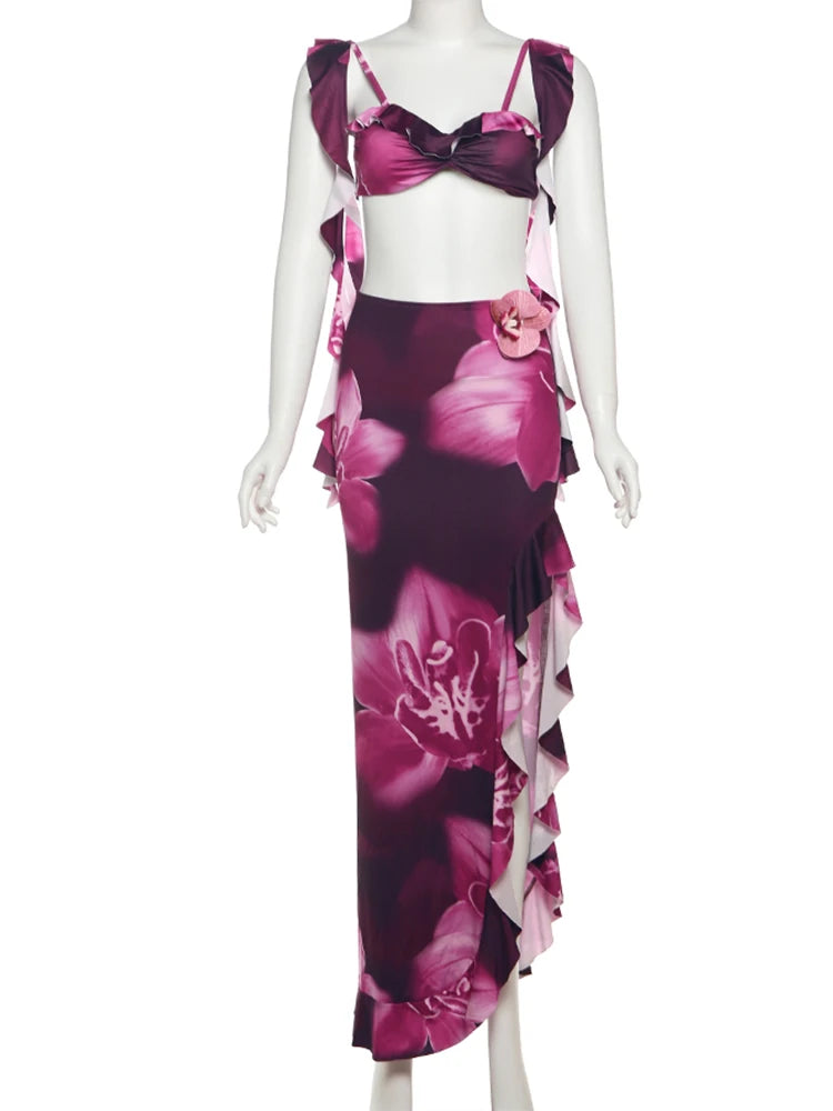 Flower Print 2 Piece Set Women Tassel Backless Bra+Side Slit Ruffles Long Skirts Vacation Fashion Beach Party Outfits