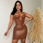 PU Leather Bodycon Dress Sexy Nightclub Outfits for Women Low Cut Backless Mini Dresses Black Brown
