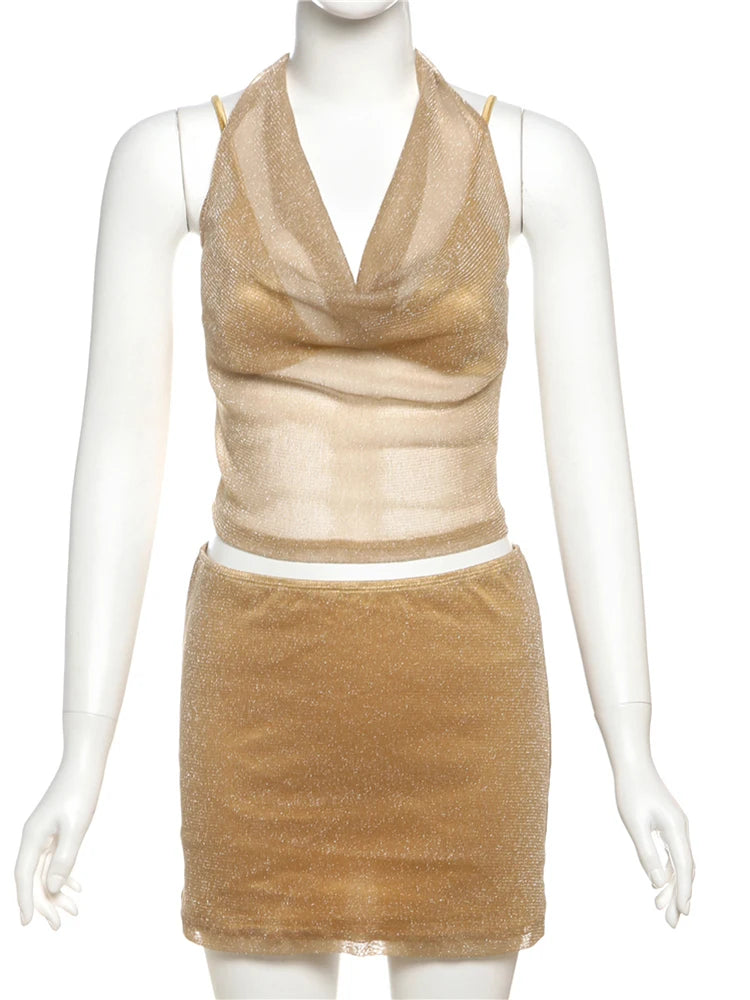 Bright Silk 2 Piece Set Women Lace-Up Halter Low-Neck Mesh Patchwork Crop Tops+Ruched Skirts Midnight Elegant Outfits