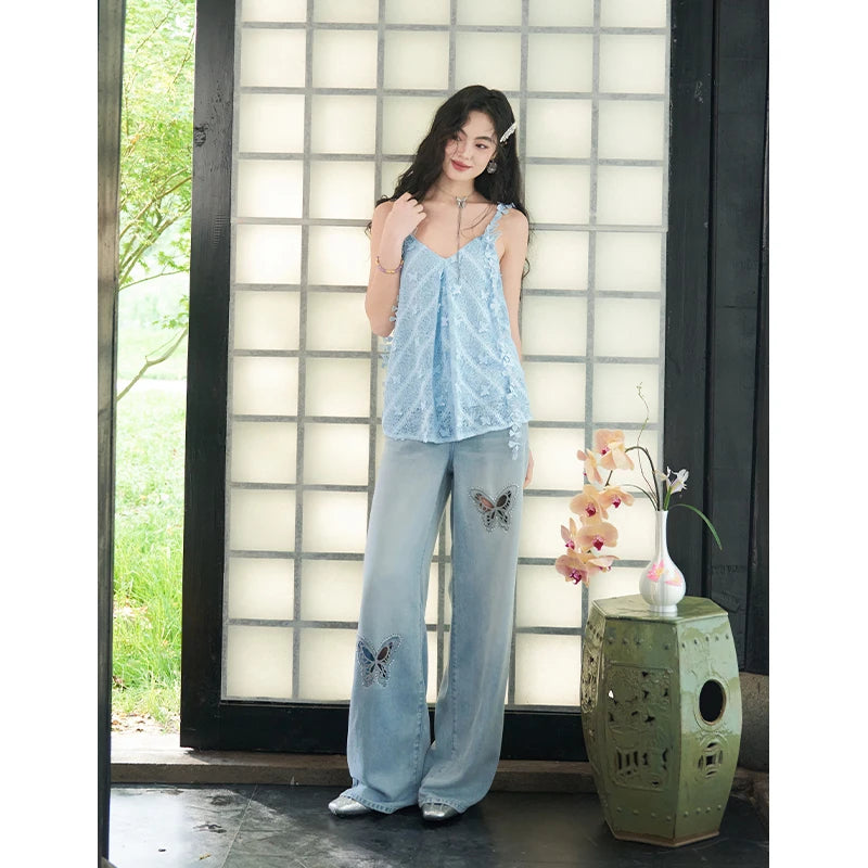 Floral 3D Lace Cami Top, V-Neck Flowy Sheer Tank Top, Romantic Casual Summer Camisole for Women