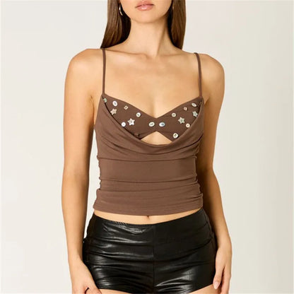 Shell Beads Embellished Cami Top Women Spaghetti Strap Cowl Neck Keyhole Cutout Slim Fit Y2K Camisole for Daily Wear