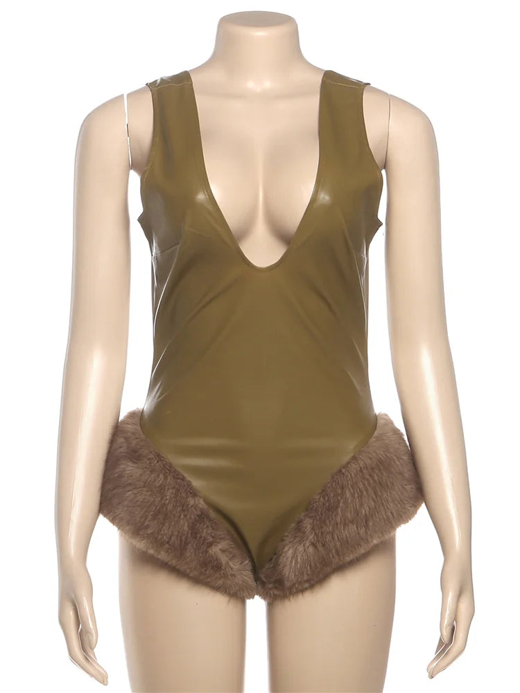 Faux Leather Backless Furry Patchwork Hem Bodysuits Woman Skinny Low-Neck Sleeveless Hot Girls High Street Style Outfits