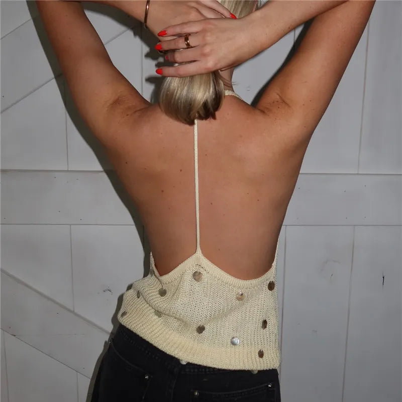 Halter Deep V Neck Vest Tops Summer Sleeveless Open Back Knitted Sequins Tank Tops Sexy Women's Party Clubwear