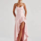 Satin Spaghetti Strap Ruffle Sexy Maxi Dress Women Off-shoulder Sleeveless Backless Thigh High Split Club Party Dress