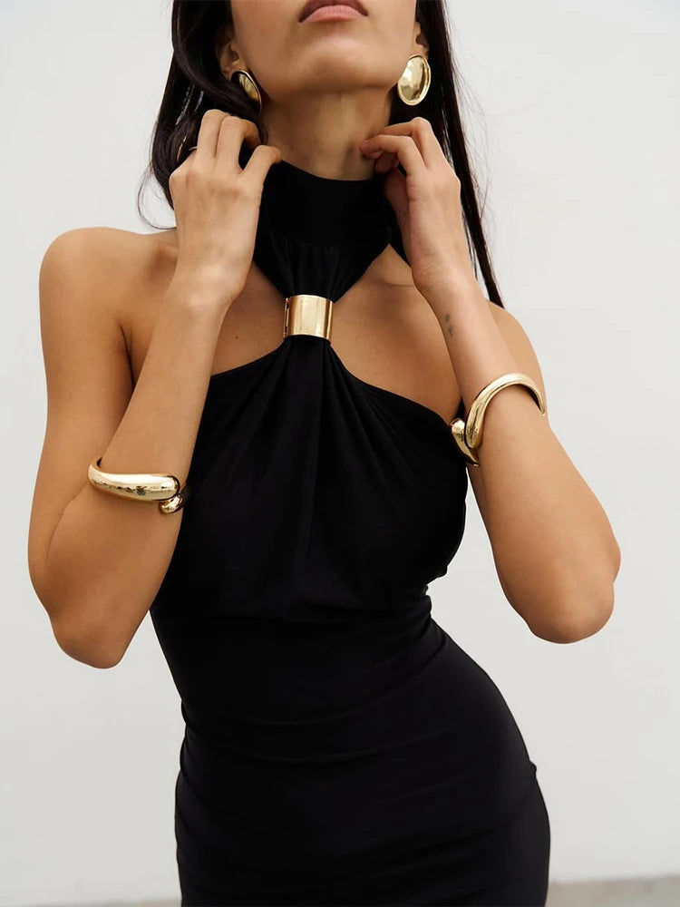 Metal Knots Dress Women Elegant Summer Trend Halter Solid Folds Backless Sleeveless Sexy Slim Banquet Party Bodycon