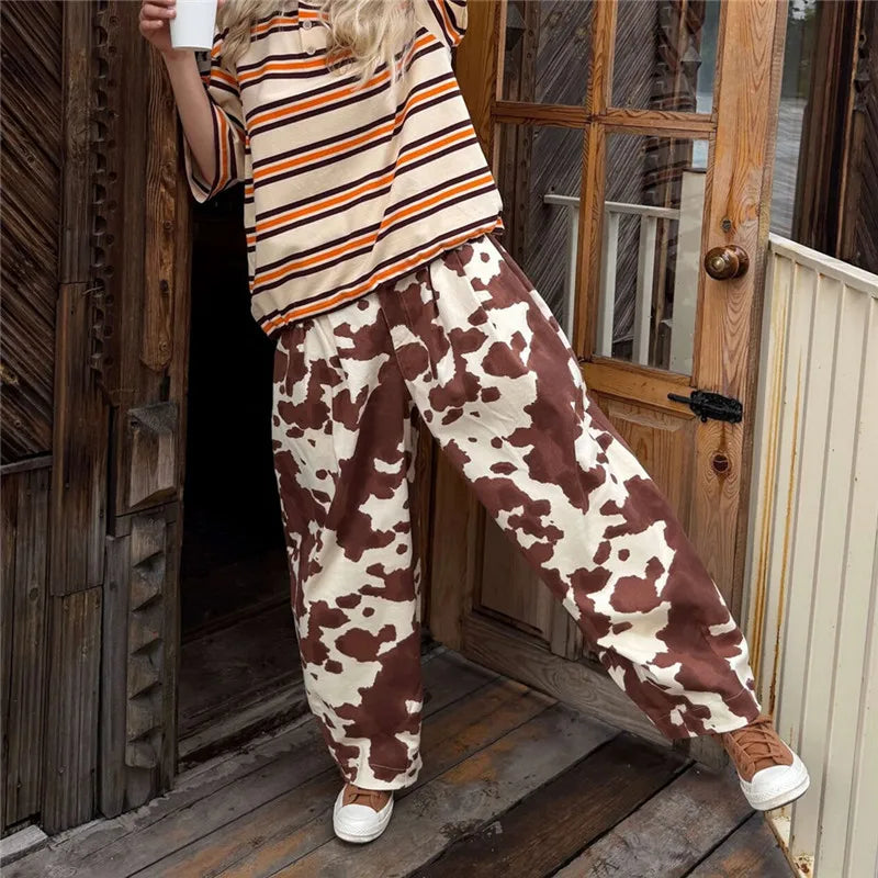 Harajuku Women Cow Print Zebra Print Baggy Wide Leg Pants Elastic High Waist Pleated Oversized Casual Long Trousers