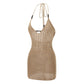 Women Backless Halter Mini Dress Casual Summer Knit Crochet Cutout Bodycon Party Dress for Beach Club Streetwear