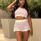 Crochet Stripe Patchwork 2 Piece Set Women Summer Trend Ruffles Hem Tank Tops+Skinny Shorts Street Casual Sporty Suit