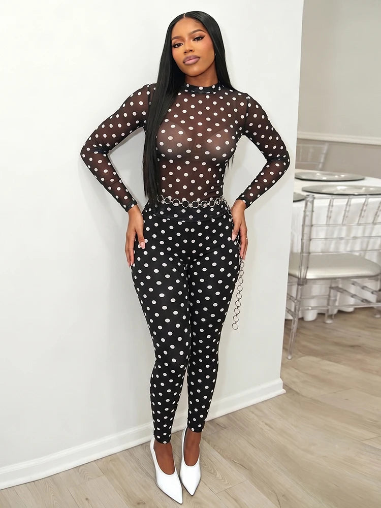 Sexy 2-Piece Set Women See Through Full Sleeve o-Neck Crop Tops+Elastic Waist Skinny Pants Midnight Wild Streetwear