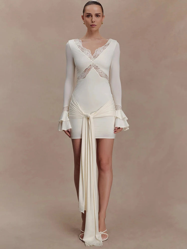 Slinky Lace Long Sleeve Sexy Mini Dress Women Elegant  Cut-out V Neck Backless Bodycon Club Party Dress Female Clothes