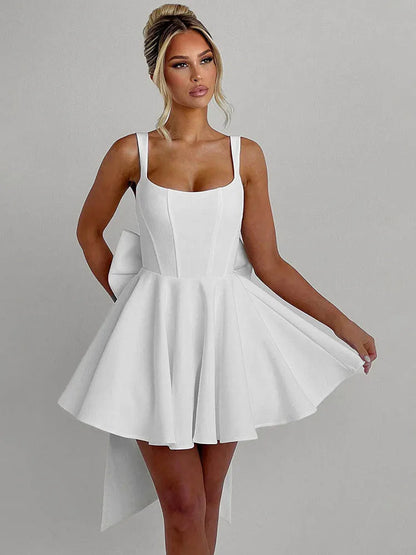 Backless Bow Sexy Mini Dress Women Fashion Elegant Spaghetti Strap Sleeveless High Waist A-line Club Party Dress New