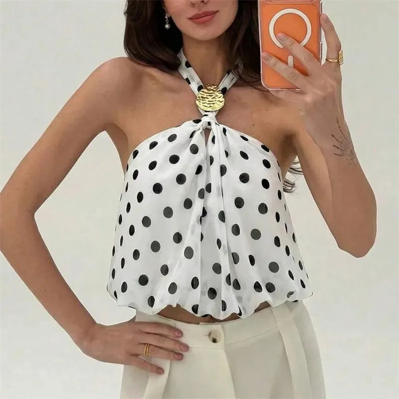 Women Bubble Tank Tops Halter Neck Sleeveless Polka Dots Print Open Back Summer Crop Vest for Daily Vacation Beach