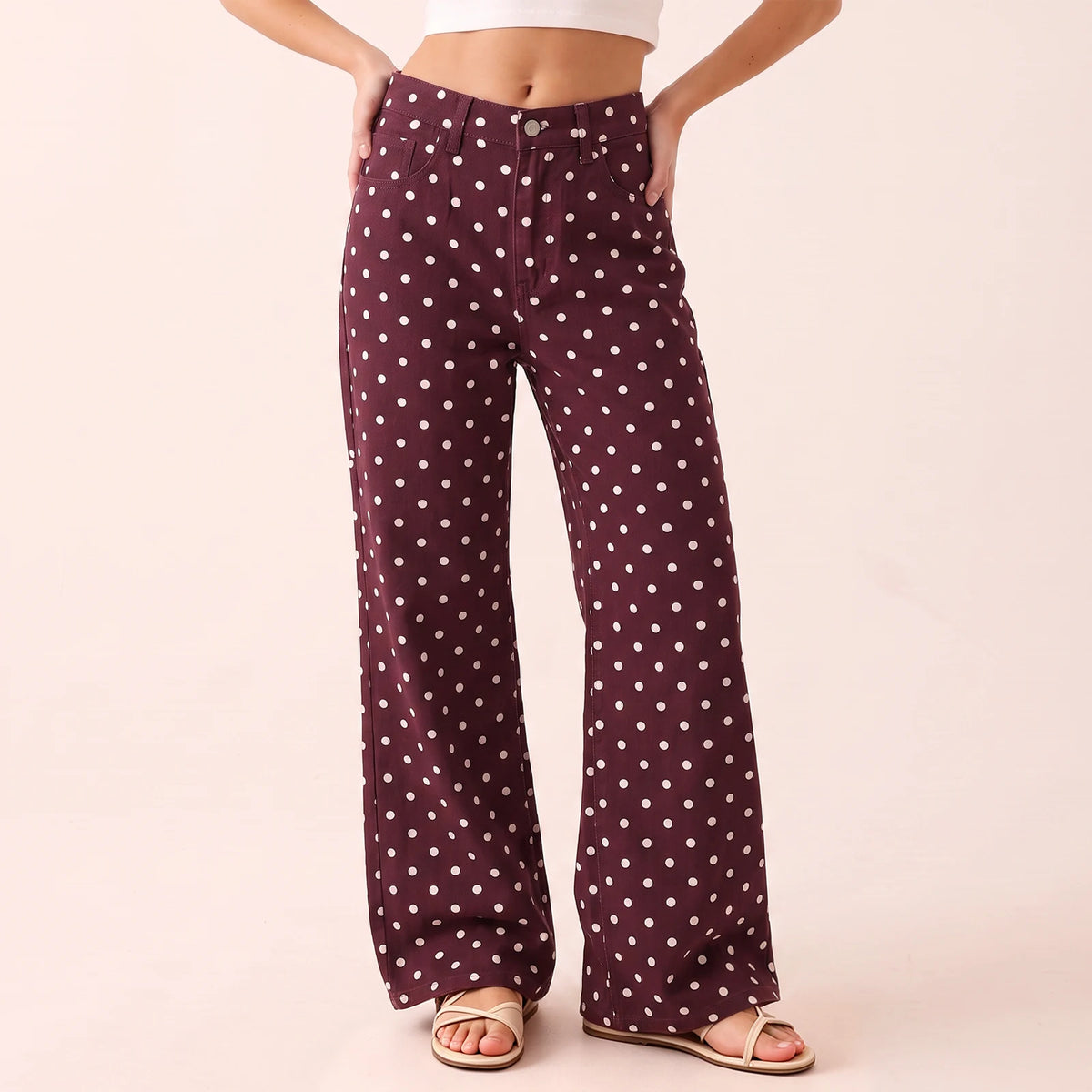 Women High Waist Polka Dot Wide Leg Jeans Button Fly Loose Flared Denim Trousers Vintage Casual Streetwear Pants
