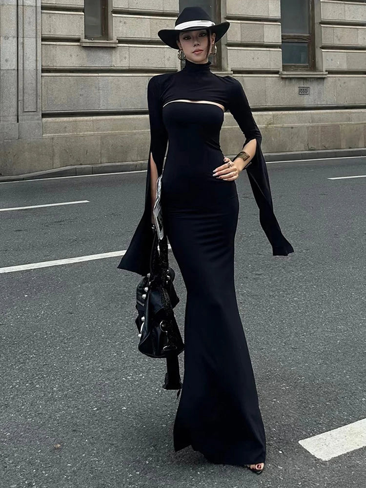 Fashion Chic 2-Piece Set Women Strapless Split Maxi Dress+Super Short Half-Sleeve Turtleneck Top Matching Elegant Outfits