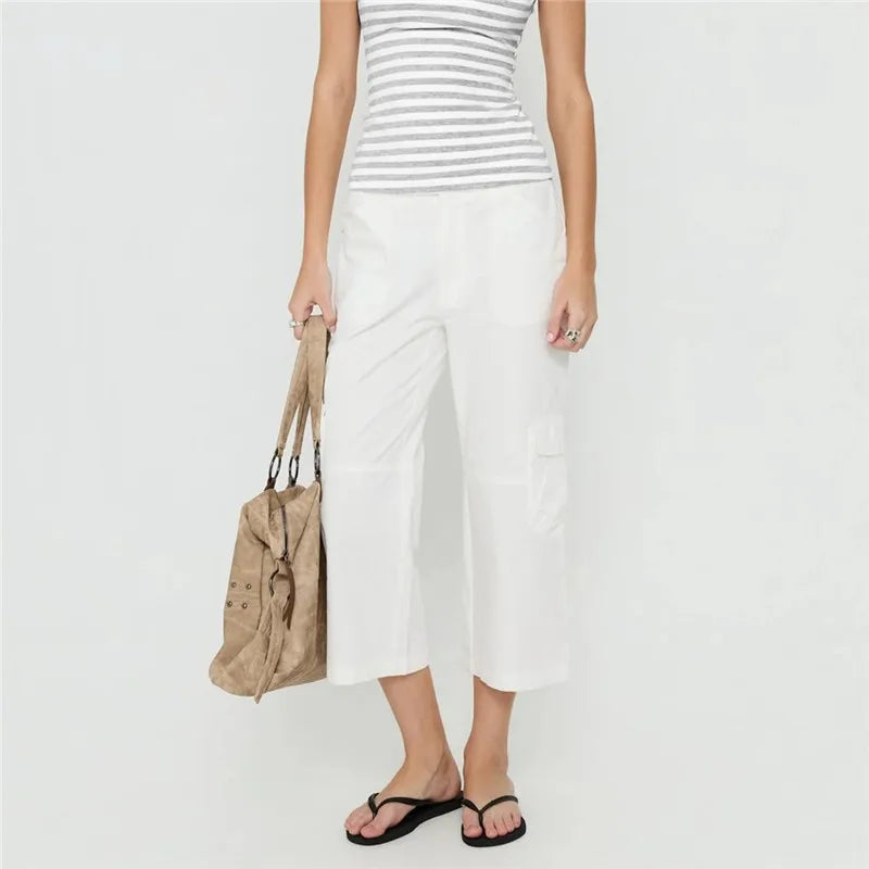 Women Solid Cargo Capri Pants Low Waist Multi Pockets Loose Wide Leg Cropped Trousers Y2K Summer Streetwear Pants