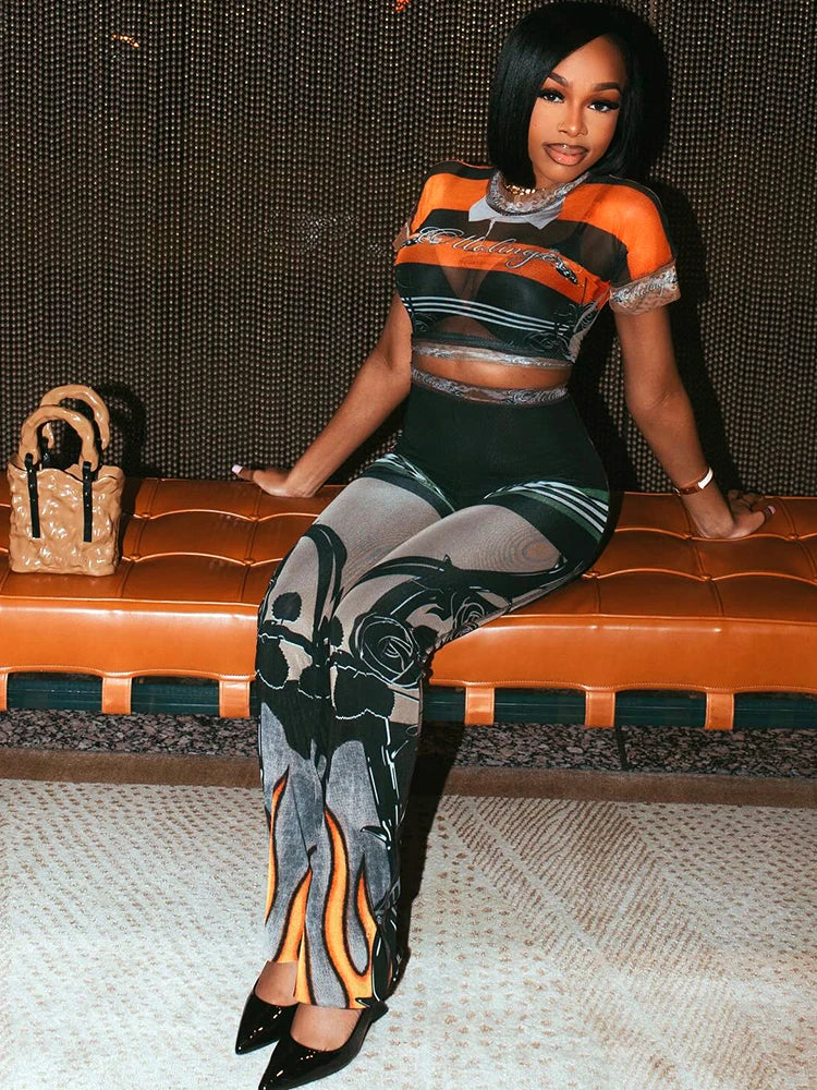 Fashion Patchwork 2 Piece Set Women Mesh See Through Tops+Flame Print Skinny Pants Hot Girls Sexy Hipster Outfits