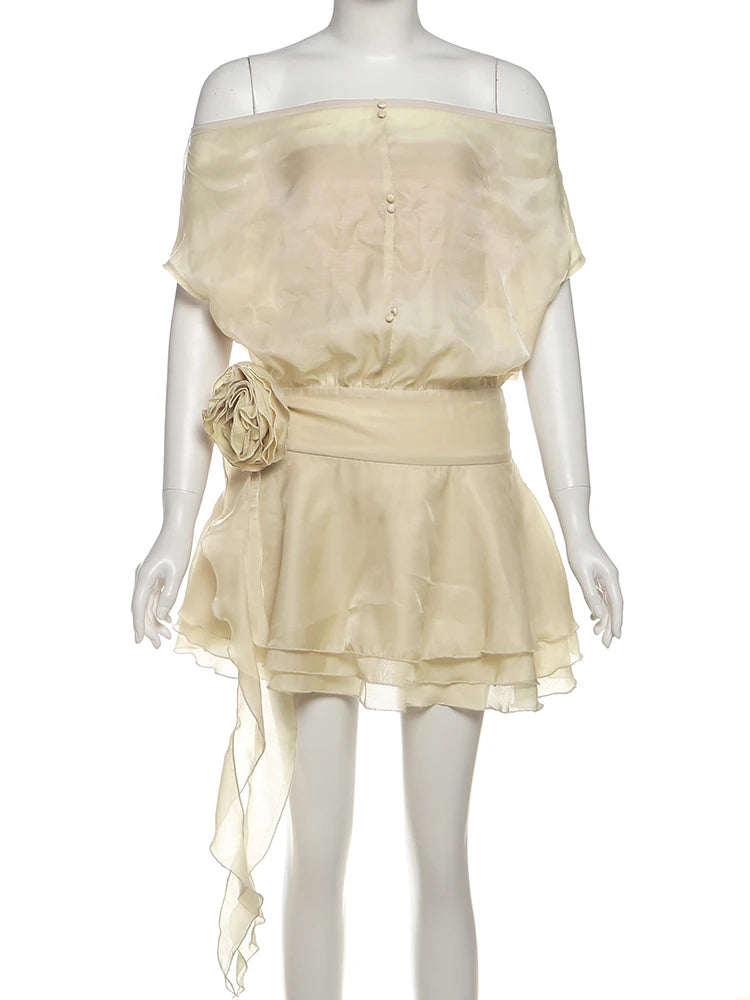 Hipster Sash+Dress Women Thin Elegant Slash Neck Tierred Puffy Hem 3d Flowers Tassel Buttons Skinny Party Bodycon