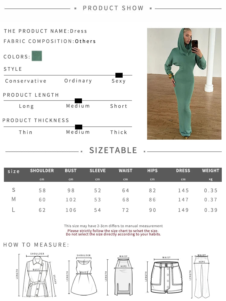 Elegant Sexy Hooded Dress Women Autumn Trend Full Sleeve New Style Simple Solid Christmas Stretch Skinny Maxi Bodycon