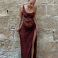 See Through Lace Spliced One Shoulder High Split Maxi Dress European Style Clothes Woman Sexy Party Dresses
