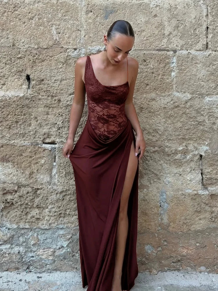 See Through Lace Spliced One Shoulder High Split Maxi Dress European Style Clothes Woman Sexy Party Dresses
