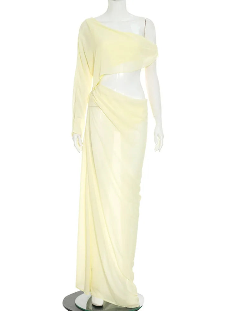 Off Shoulder Cutout Sexy Maxi Dress Women Elegant Draped Slinky Ruched Bodycon Cocktail Evening Party Dresses Gown