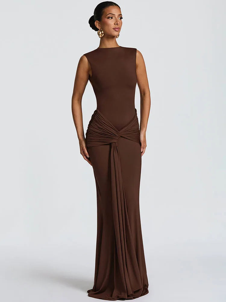 Backless Draped Ruched Sexy Maxi Dress Women Gown Elegant O Neck Sleeveless High Waist Skinny Club Party Long Dresses