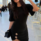 Women Black Short Sleeve Bodycon Mini Dress Elegant Round Neck Ruched Waist With Gold Button Detail Party Club Dress