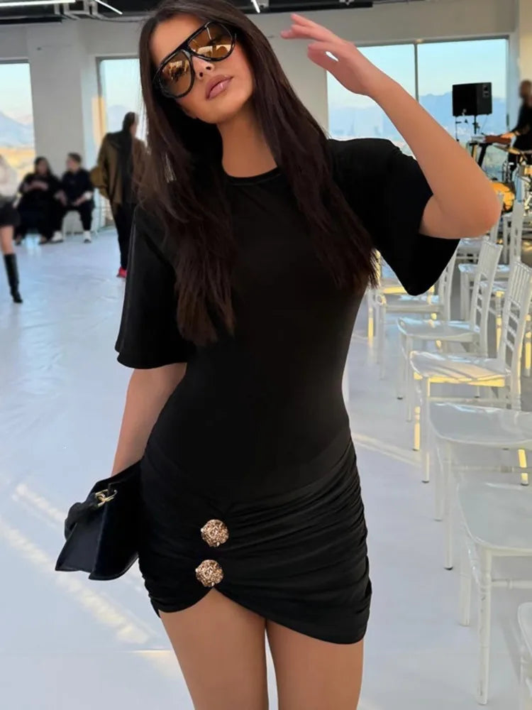 Women Black Short Sleeve Bodycon Mini Dress Elegant Round Neck Ruched Waist With Gold Button Detail Party Club Dress
