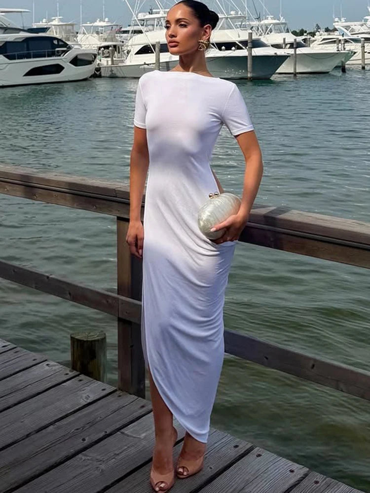 Sexy Backless Long Dress Woman Summer Trend o-Neck Short Sleeve Side Hollow Design Vacation Elegant Style Design
