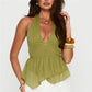 Halter Top Women Deep V Neck Chiffon Peplum Blouse Sleeveless Backless Tie Back Ruched Waist Casual Summer Party Top