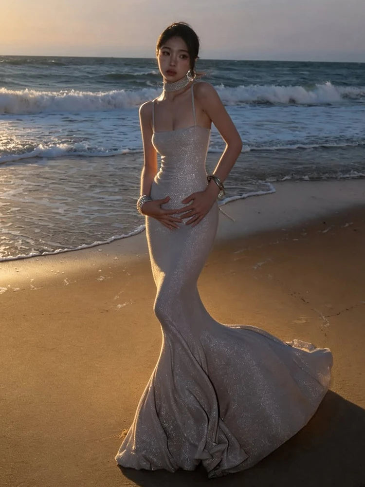 Glitter Maxi Dress Women Fish Tail Hem Backless Cross Bandage Low-Neck Sleeveless Beach Party Vacation Vestidos