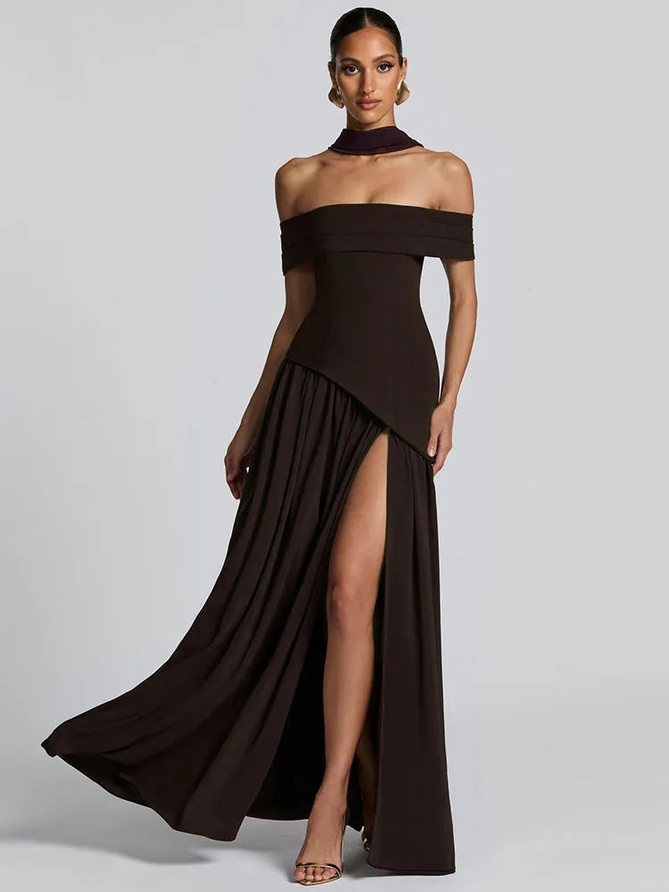Off-shoulder Backless Sexy Maxi Dress Women Fashion Strapless Sleeveless Pleated Thigh High Split Club Party Long Dress