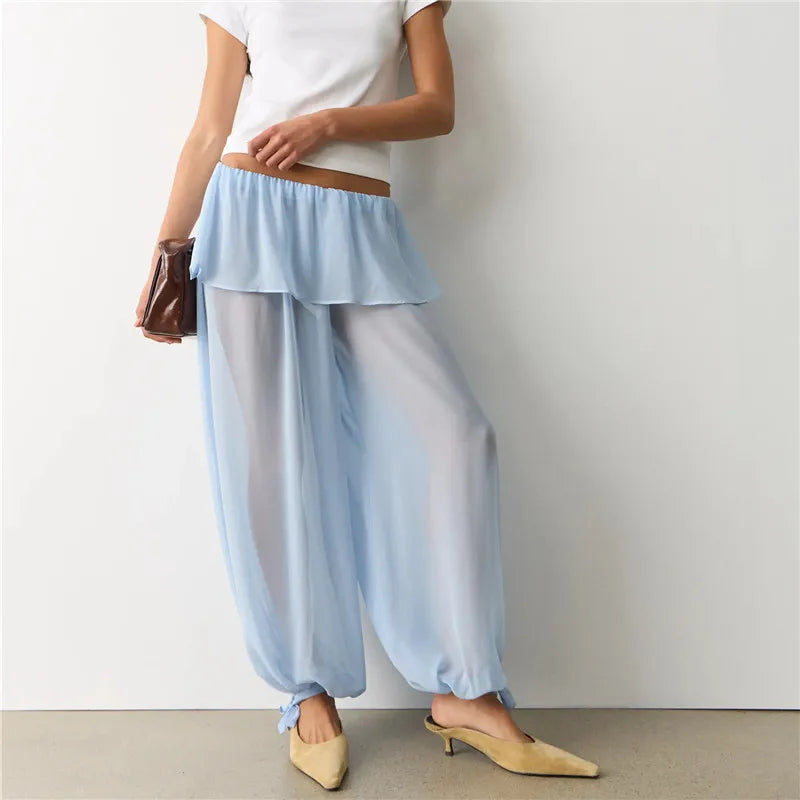 Women Y2K Layered Ruffle Skirt Waist Chiffon Pants Sheer Loose Harem Trousers Drawstring Hem Beach Cover Up Pants