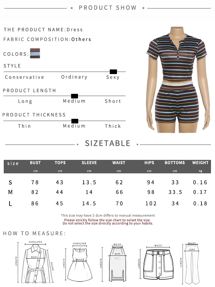 Striped Print 2 Piece Set Women Casuals Trend Zip O-Neck Short Sleeve T-Shirt+Bike Short Fashion Sporty Street Suits