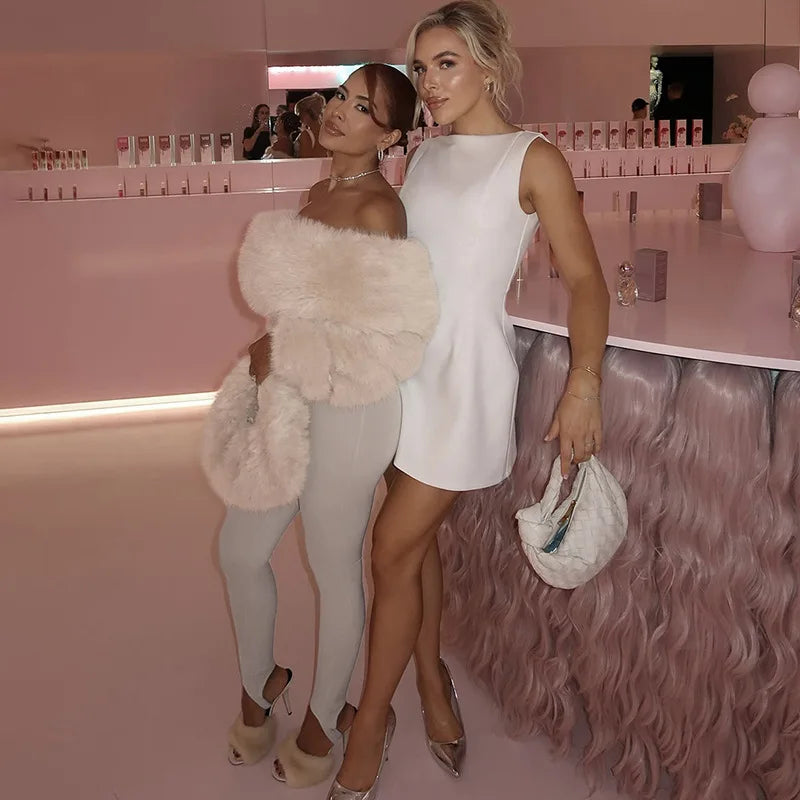 Faux Fur Patchwork Off Shoulder Long Sleeve Jumpsuits Sexy Winter Clothing for Woman One Pieces Club Outfits