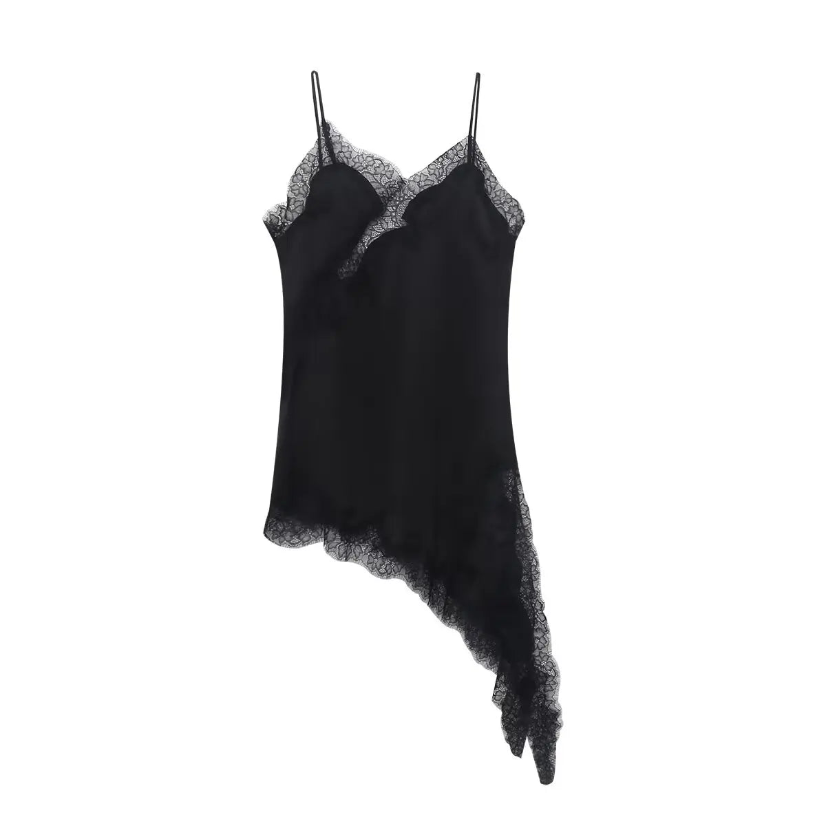 Women Y2K Lace Trim Satin High Low Tops Silk Spaghetti Strap Side Split Asymmetrical Cami Top Flowy Silky Layering Tops