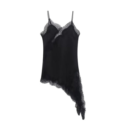 Women Y2K Lace Trim Satin High Low Tops Silk Spaghetti Strap Side Split Asymmetrical Cami Top Flowy Silky Layering Tops