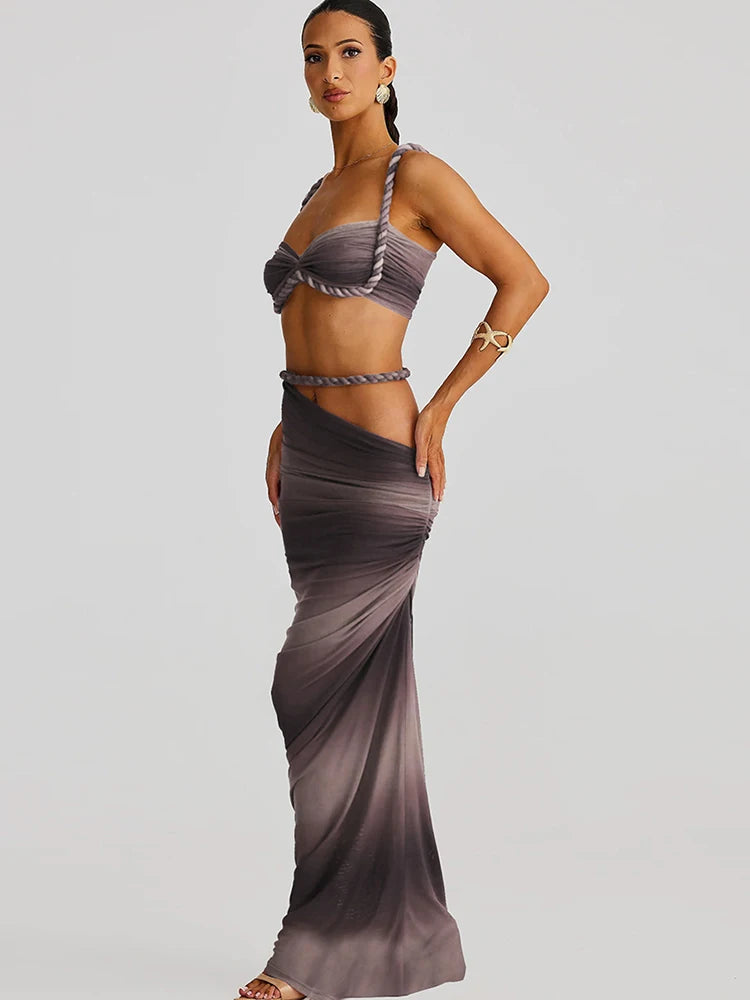 Plait 2 Piece Set Women Square Collar Folds Bandage Bow Bra+Skinny Long Skirts 2025 Summer Party Vacation Beach Suits