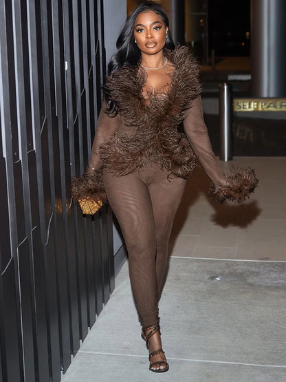 Feather Patchwork 2Piece Set Women Thin Fit Long Sleeve V-Neck Crop Top+Stretch Trousers Midnight Sexy Matching Suit