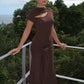 Hollow Out Short Sleeve Sexy Maxi Dress Women Brown Turtleneck Draped Ruched Bodycon Club Party Long Dresses Female
