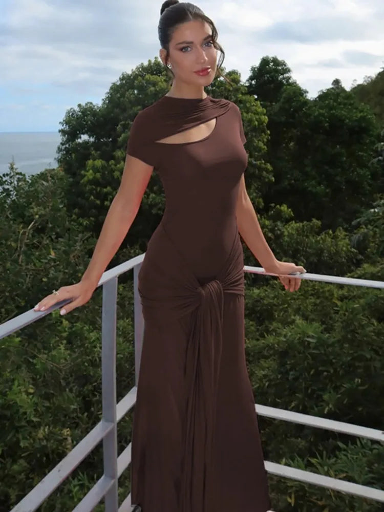 Hollow Out Short Sleeve Sexy Maxi Dress Women Brown Turtleneck Draped Ruched Bodycon Club Party Long Dresses Female