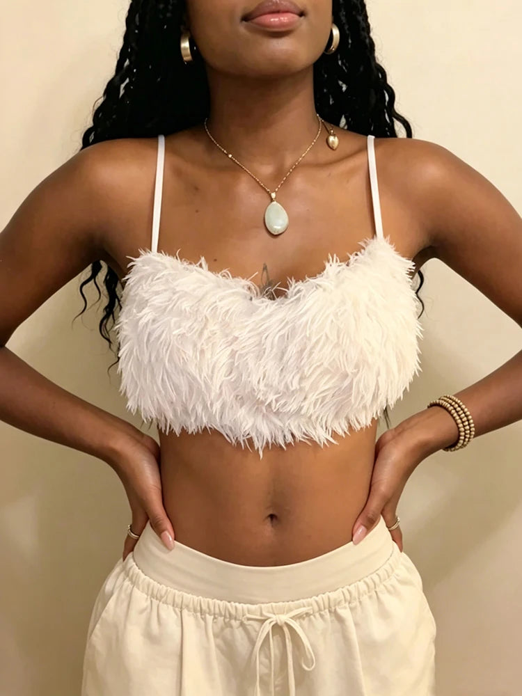 Hottie Backless Furs Tank Top Women Sexy Fashion Halter Bandages Elegant Simple Party Clubwear Trend High Street Vest