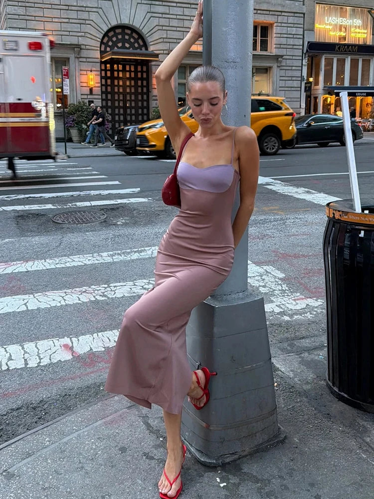 Elasticity Maxi Dress Women Patchwork Wrap Chest Skinny Simple Classic Summer Elegant Chic Dinner Party Holiday Vestidos