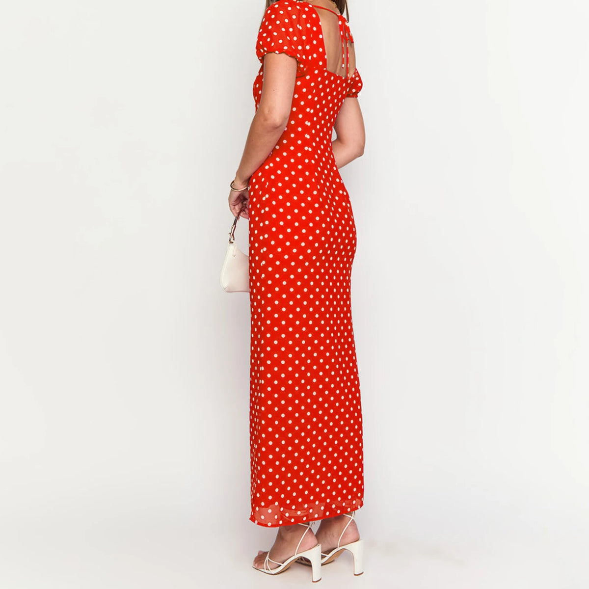 Women Summer Slim Long Dress Fashion Red Short Sleeve Deep V Neck Dot Print Party Dresses Holiday Beachwear
