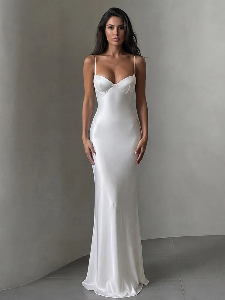 Low-Neck Satin Maxi Dress Women Sleeveless Slim Chic Wedding Party Elegant Vacation Summer Fashion Classic Vestidos